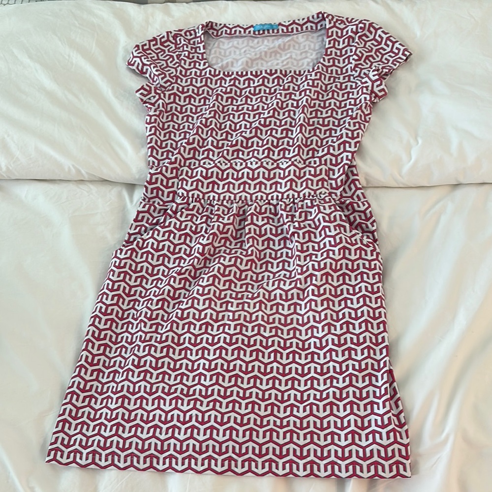 J. McLaughlin Pink and White With a Teal Outline Geometric Mini Dress